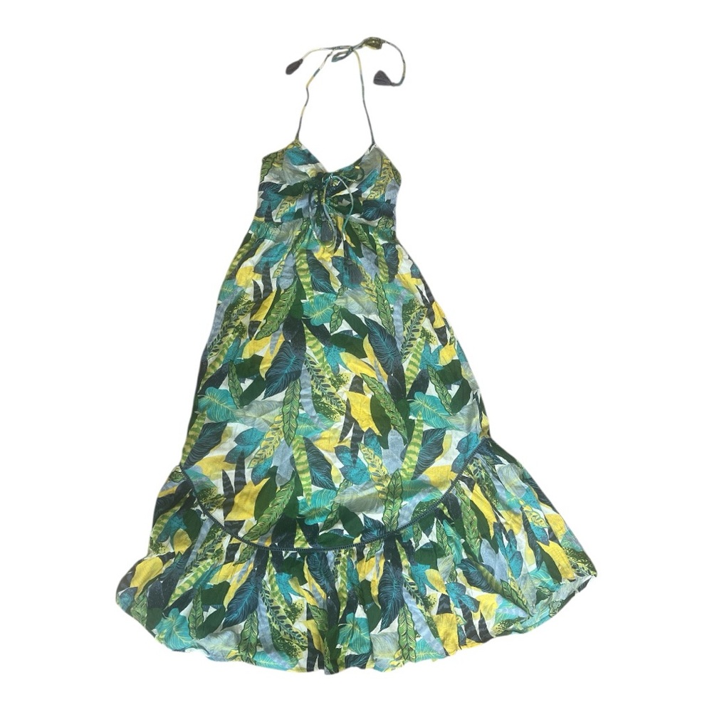 Aerie tropical Floral Blue and Yellow Leaf Print maxi Dress